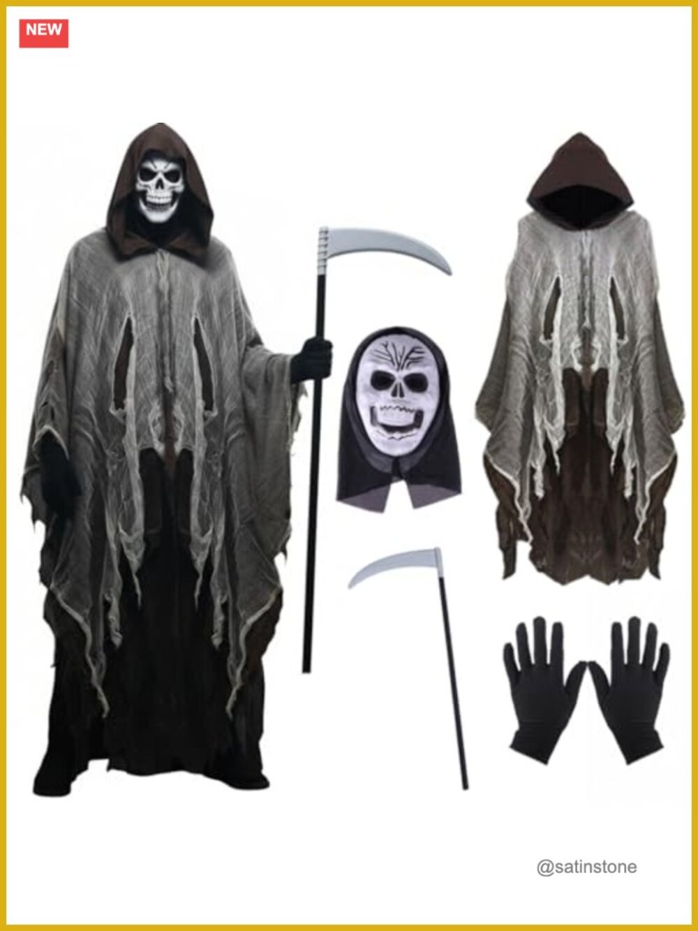 Grim Reaper Costume Set Hooded Cloak Scythe Mask Gloves Halloween Cosplay